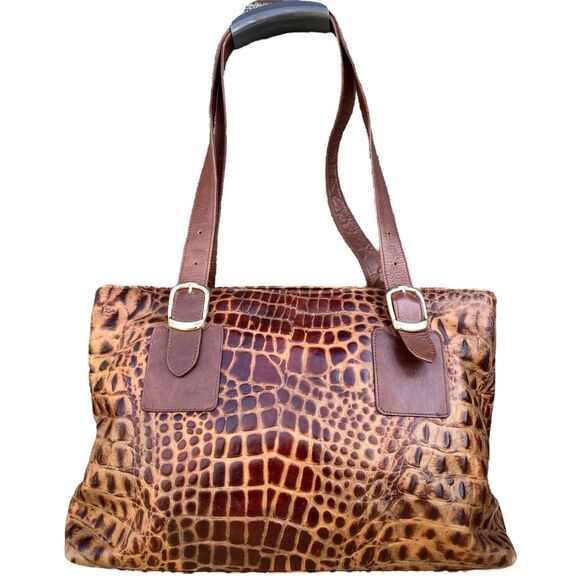 Due Fratelli 2 Strap Brown Leather Tote Shoulder Bag Crocodile Embossed mob wife - Picture 2 of 16